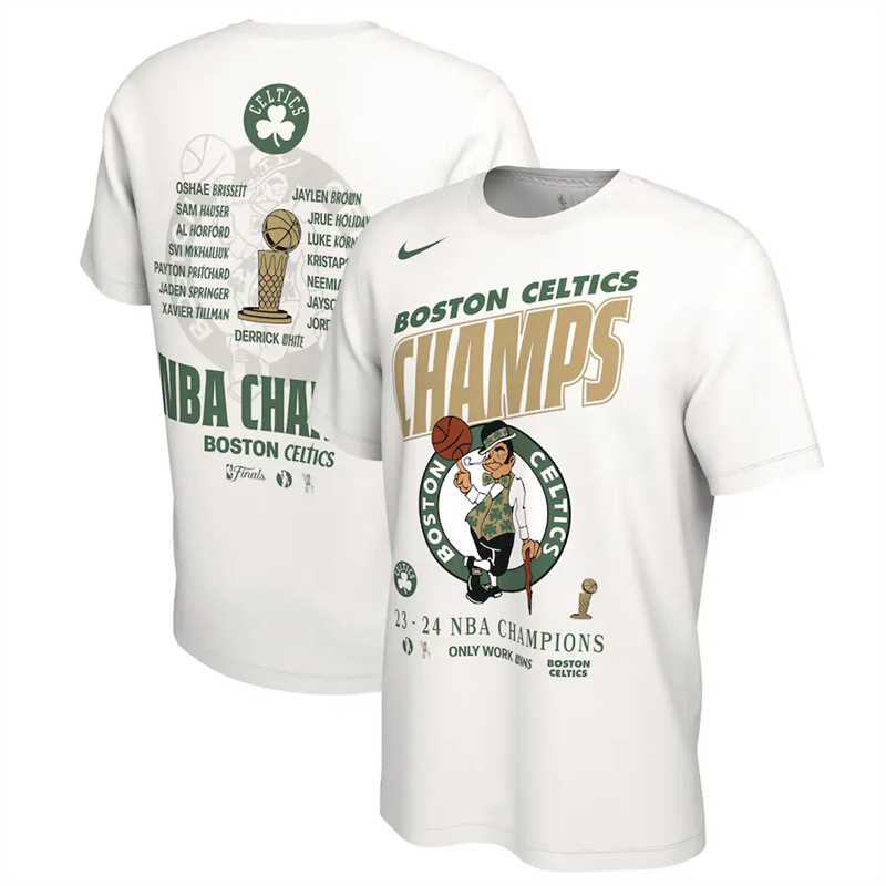 Men's Boston Celtics White 2024 Finals Champions Celebration Roster T-Shirt Men's Boston Celtics White 2024 Finals Champions Celebration Roster T-Shirt